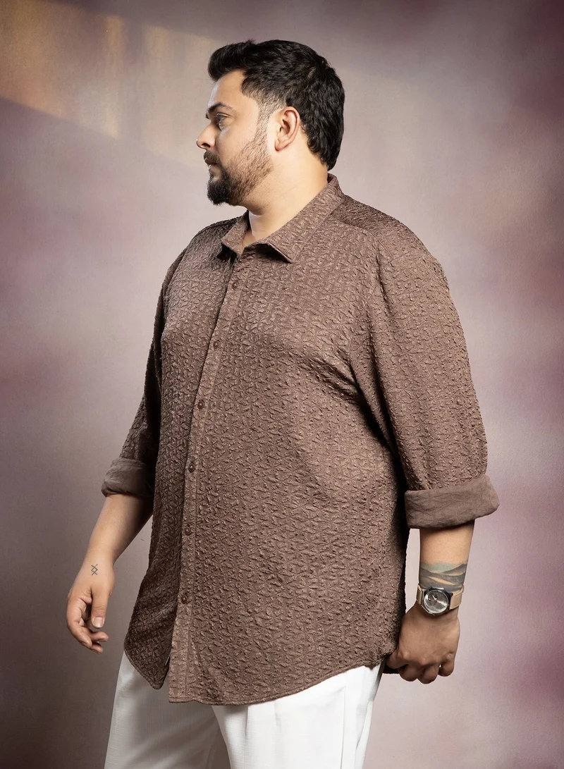 Instafab Plus  Instafab Plus Men's Chocolate Brown Bloom-Textured Shirt For Casual Wear | Spread Collar | Long Cuffed Sleeves | Button Closure | Plus Size Shirt Crafted With Comfort Fit For Everyday Wear for Men | Best Price UAE