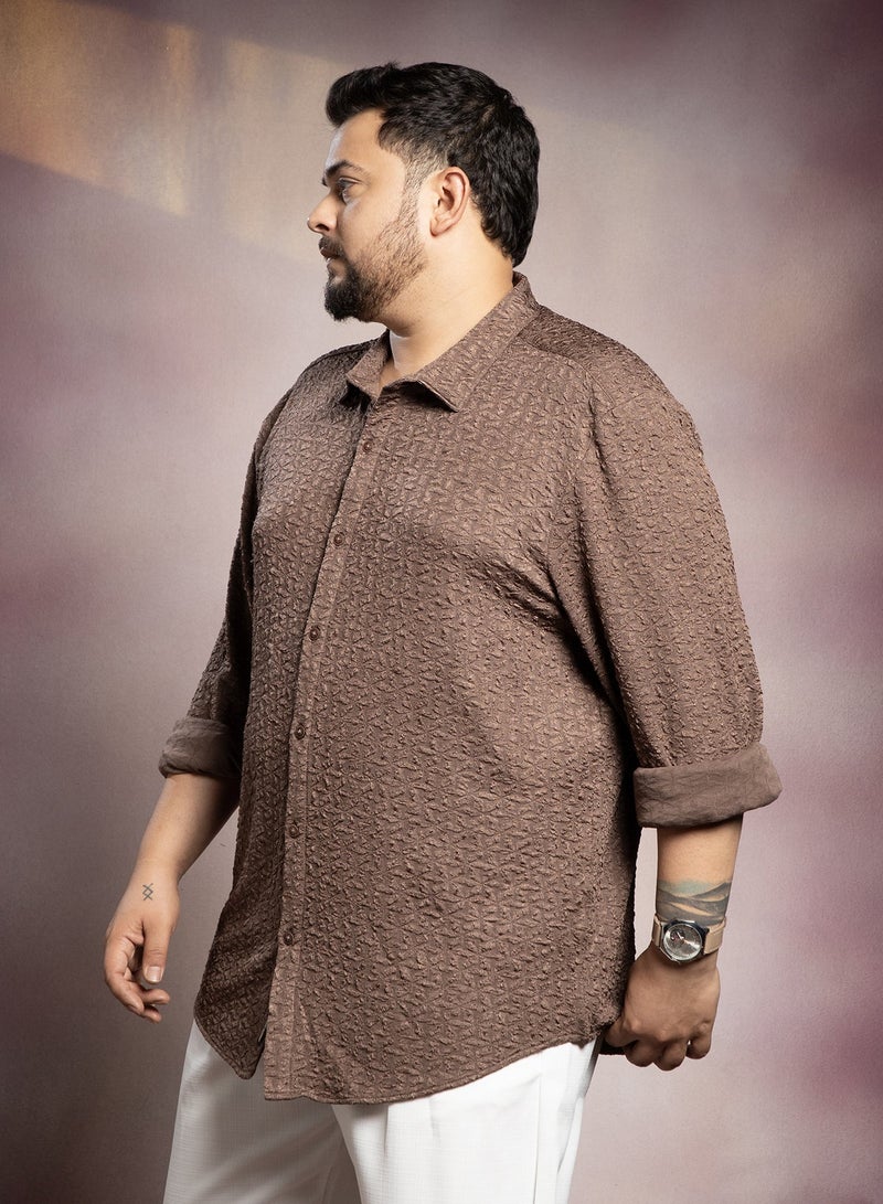 Instafab Plus Men's Chocolate Brown Bloom-Textured Shirt For Casual Wear | Spread Collar | Long Cuffed Sleeves | Button Closure | Plus Size Shirt Crafted With Comfort Fit For Everyday Wear - Image 3