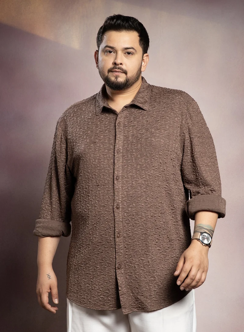 Instafab Plus Instafab Plus Men's Chocolate Brown Bloom-Textured Shirt For Casual Wear | Spread Collar | Long Cuffed Sleeves | Button Closure | Plus Size Shirt Crafted With Comfort Fit For Everyday Wear