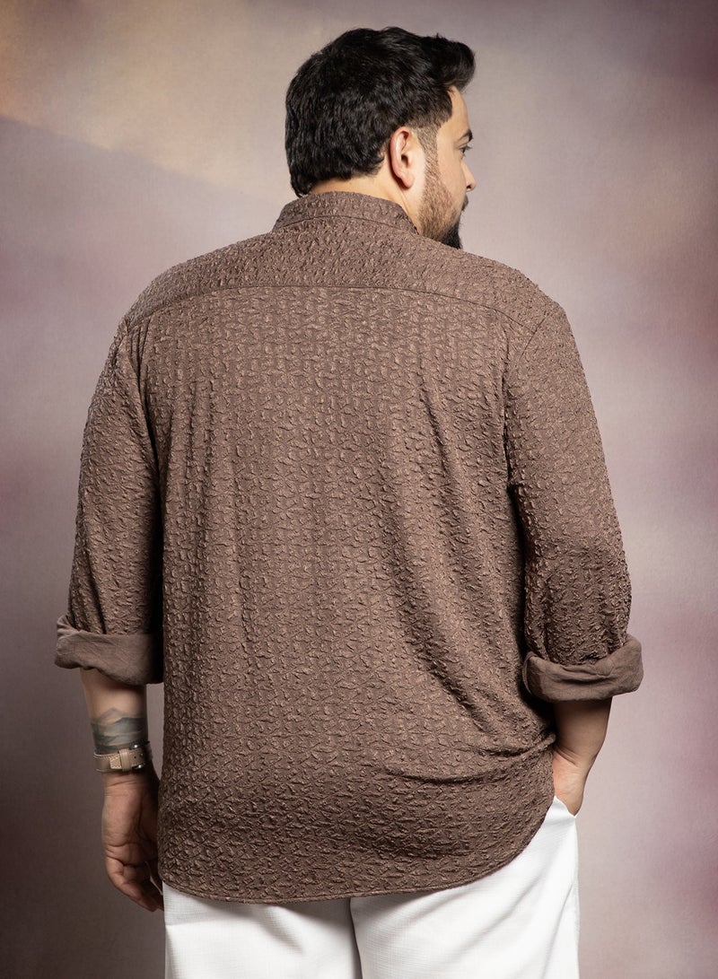Instafab Plus Men's Chocolate Brown Bloom-Textured Shirt For Casual Wear | Spread Collar | Long Cuffed Sleeves | Button Closure | Plus Size Shirt Crafted With Comfort Fit For Everyday Wear - Image 5