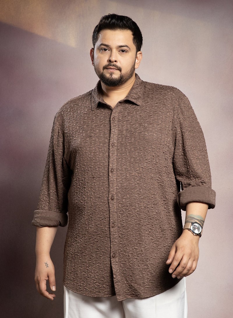 Instafab Plus Men's Chocolate Brown Bloom-Textured Shirt For Casual Wear | Spread Collar | Long Cuffed Sleeves | Button Closure | Plus Size Shirt Crafted With Comfort Fit For Everyday Wear - Image 1