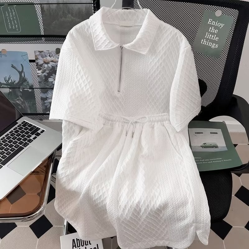 Mens Slim Fit Polo Shirt and Shorts Set Casual Summer Outfit White - Image 1