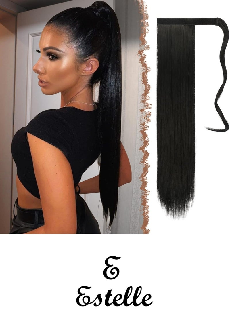 إستيل وصلة ذيل حصان طويلة مستقيمة ملفوفة بمشبك من ألياف الشعر الاصطناعية للنساء باللون الأسود - Image 1