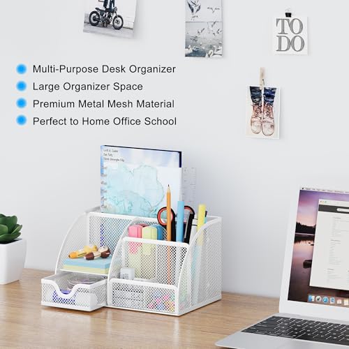 EasyPAG Mesh Desk Organizer with Drawer Multi-Functional Pen Holder Stationery Organizer for Office School Supplies 6 Compartments Dorm Organizers and Storage for Desk, White - Image 2