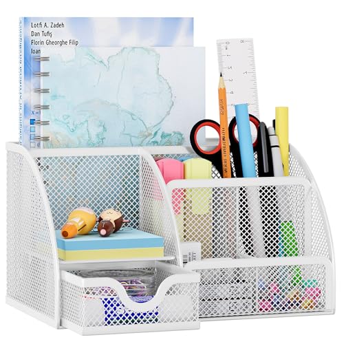 EasyPAG Mesh Desk Organizer with Drawer Multi-Functional Pen Holder Stationery Organizer for Office School Supplies 6 Compartments Dorm Organizers and Storage for Desk, White - Image 1