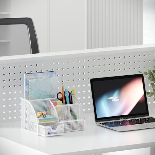 EasyPAG Mesh Desk Organizer with Drawer Multi-Functional Pen Holder Stationery Organizer for Office School Supplies 6 Compartments Dorm Organizers and Storage for Desk, White - Image 5