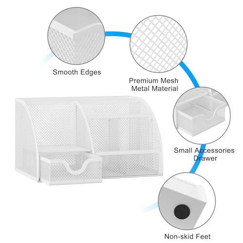 EasyPAG Mesh Desk Organizer with Drawer Multi-Functional Pen Holder Stationery Organizer for Office School Supplies 6 Compartments Dorm Organizers and Storage for Desk, White - Image 3
