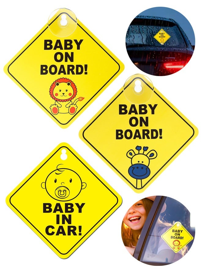 3 PCS Baby On Board Car Warning, Baby On Board Sticker Sign For Car Warning With Suction Cups, Bright Yellow To See, Stick Firmly, Leaves No Residue - Image 1