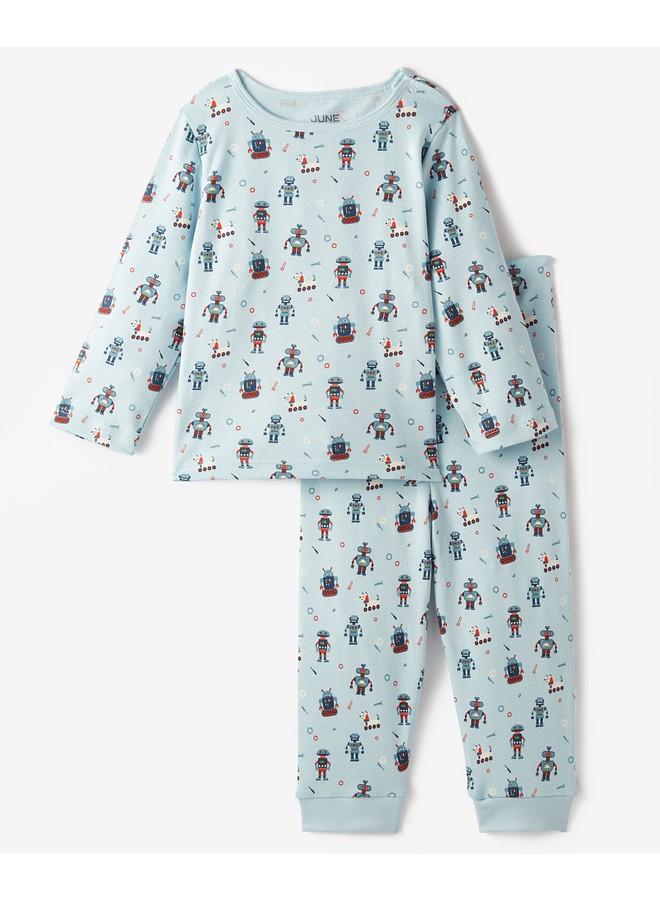 June Organic Baby Robot Patterned Pajama Set Blue - Image 1