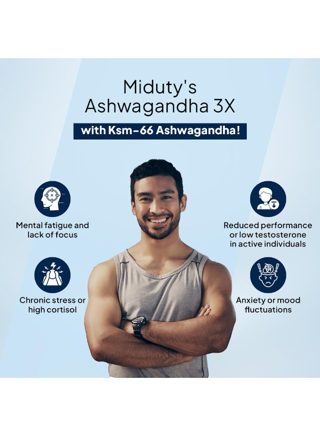 Miduty Ashwagandha 3X Supplement 500 mg Serving - KSM 66 Ashwagandha - Triple Strength Formula - For Mood Stability,Focus, Strength and Stress - 60 Capsules - Image 3