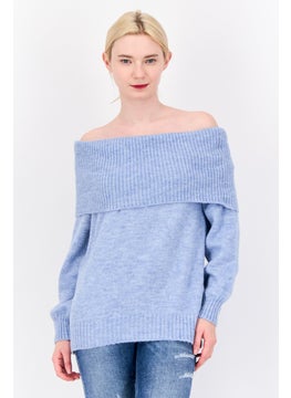 Don't Call Me Jennyfer Women Off-Shoulder Neckline Knitted Sweater, Sky Blue  - Image 1