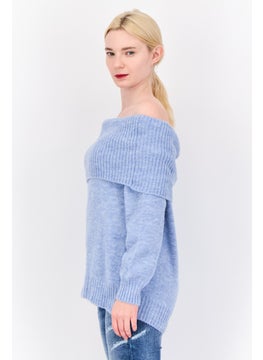 Don't Call Me Jennyfer Women Off-Shoulder Neckline Knitted Sweater, Sky Blue  - Image 2