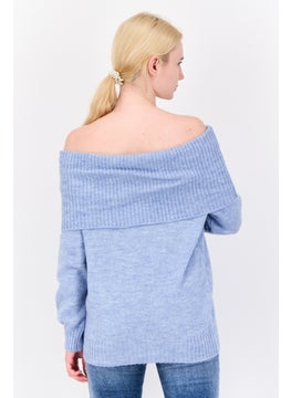 Don't Call Me Jennyfer Women Off-Shoulder Neckline Knitted Sweater, Sky Blue  - Image 3