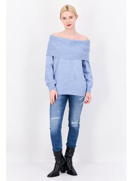 Don't Call Me Jennyfer Women Off-Shoulder Neckline Knitted Sweater, Sky Blue  - Image 4