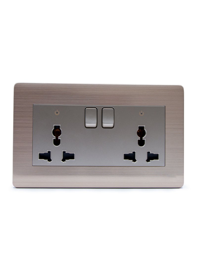 Duravel Duravel Dual Universal Wall Socket with Switches, Brushed Metal, 2-Gang Electrical Outlet, Brass  - Image 1