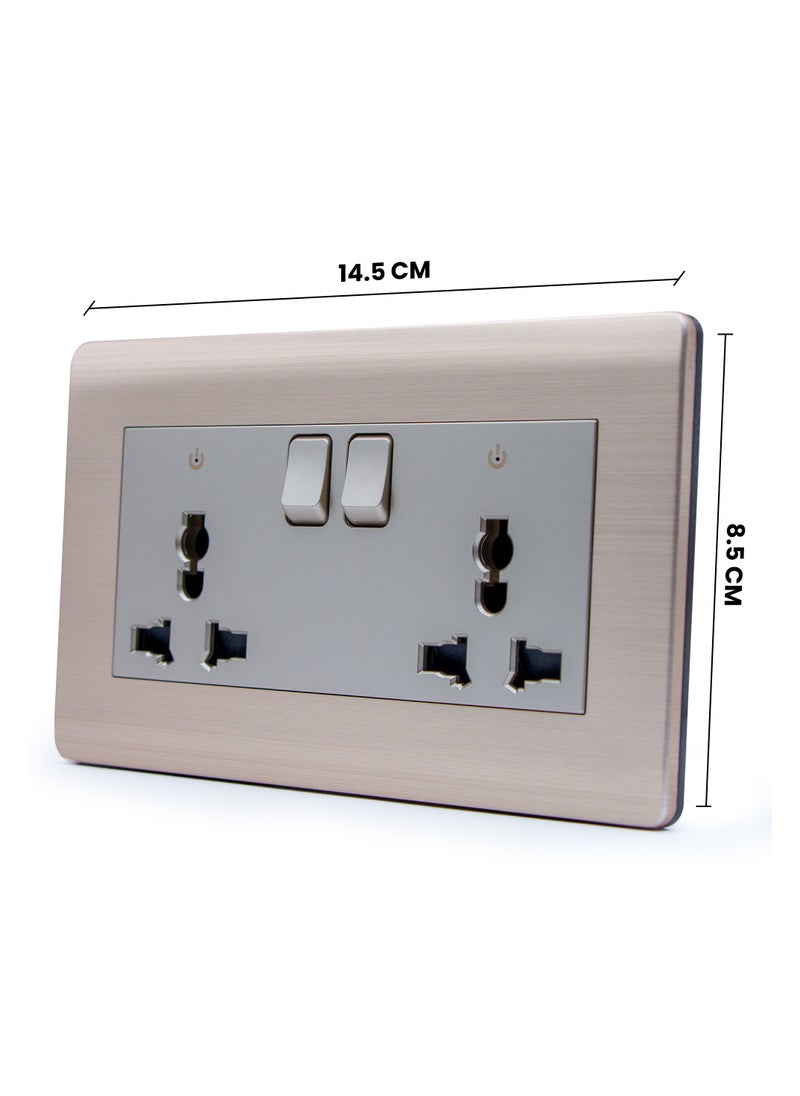 Duravel Duravel Dual Universal Wall Socket with Switches, Brushed Metal, 2-Gang Electrical Outlet, Brass  - Image 4
