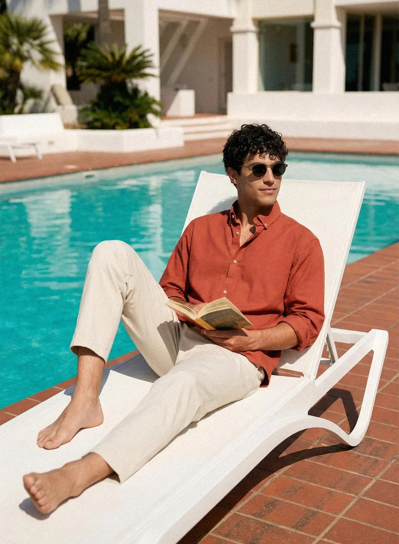 دينيس لينغو Rust Poly Cotton Solid Button Down Regular Shirt For Men