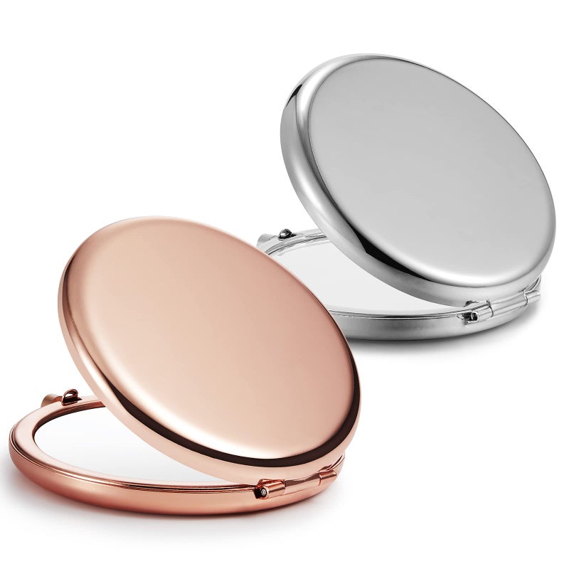 Getinbulk Compact Mirror Bulk Set of 2 DoubleSided 1X2X Magnifying Purse Pocket Makeup MirrorsRound Rose Gold and Silver