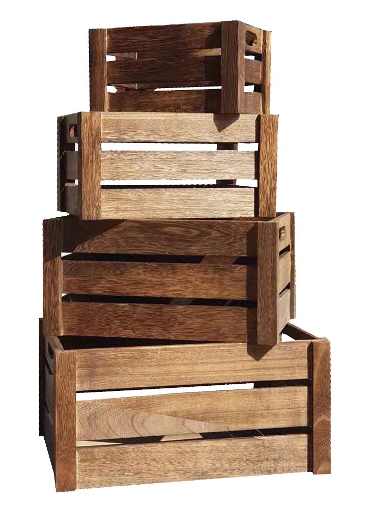 LINGWEI Natural Wooden Storage Crates Set of 4 Nesting Wooden Boxes with Cutout Handles Rustic Farmhouse Decorative Storage Containers for Home Kitchen, Bathroom, and Office - Image 1