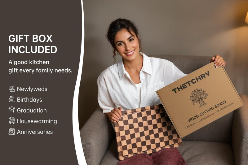 THETCHRY End Grain Cutting Boards for Kitchen, Wooden Cutting board, Acacia Wood Chopping Board with Juice Groove & Handle, Butcher Block for Meat, Bread & Fruit, 14"L x 11"W x 0.8"Th - Image 5