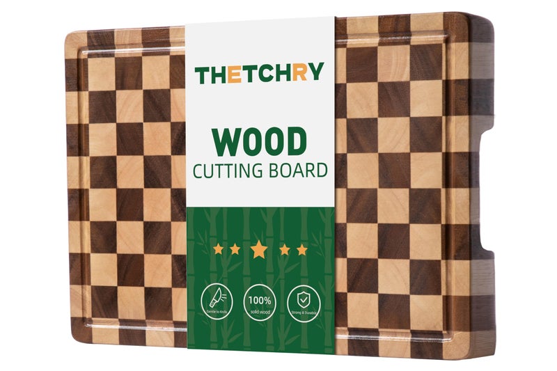 THETCHRY End Grain Cutting Boards for Kitchen, Wooden Cutting board, Acacia Wood Chopping Board with Juice Groove & Handle, Butcher Block for Meat, Bread & Fruit, 14"L x 11"W x 0.8"Th - Image 1