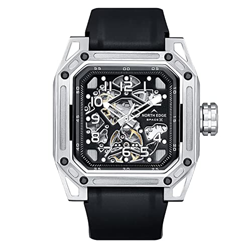NORTH EDGE Automatic Mechanical Watch - Men's Skeleton Stainless Steel Silver Mechanical Watch Seagull Movement Ruby Crystal Wristwatch for Men Space X Series - Image 1