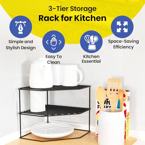 WonderStand KONA | 3-Tier GI Steel Corner Storage Rack: A Versatile Solution to Organize Kitchen Plate and Dishes (Black) - Image 2