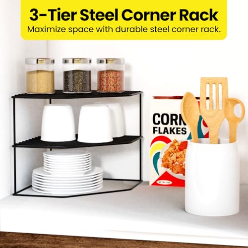 WonderStand KONA | 3-Tier GI Steel Corner Storage Rack: A Versatile Solution to Organize Kitchen Plate and Dishes (Black) - Image 4