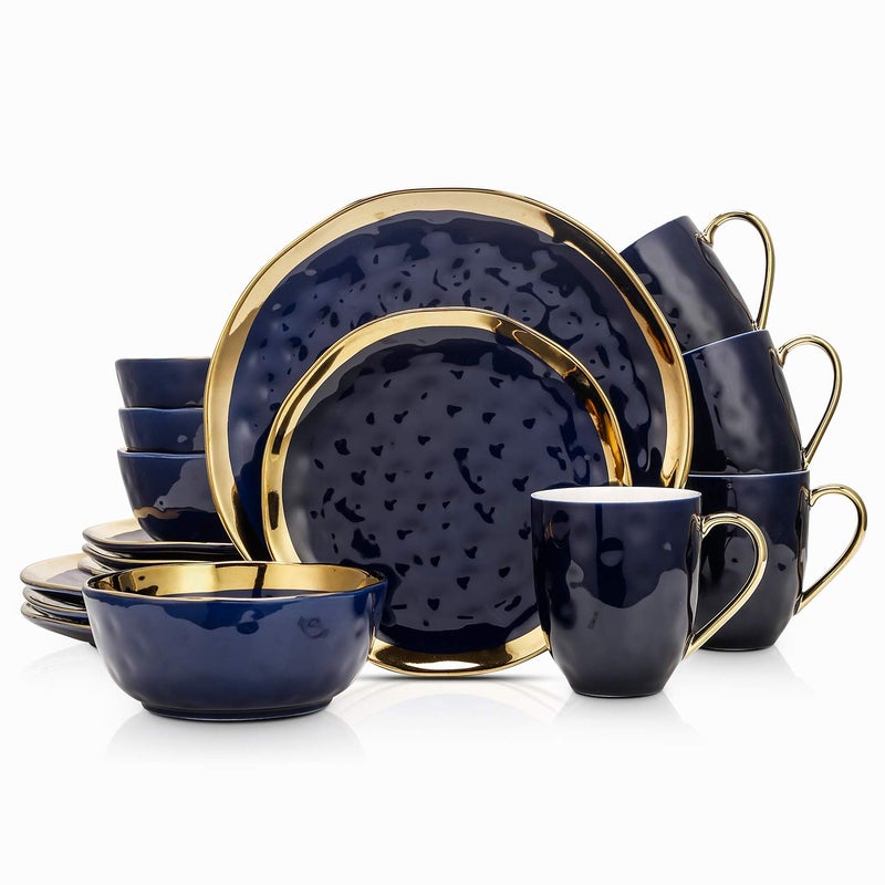 Stone Lain Porcelain 16 Piece Dinnerware Set Service for 4 Blue and Golden Rim Dark Blue