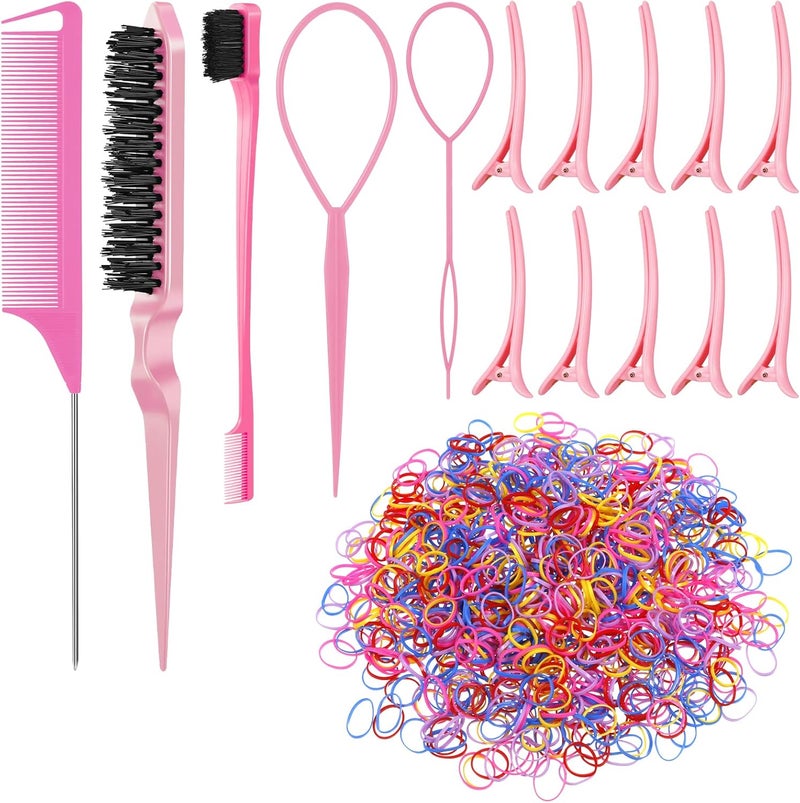 SOSPIRO 1000pcs Elastic Hair Bands with 10pcs Clips 3pcs Brush 2pcs Topsy Tail Tool Colorful Rubber Ties Braiding Accessories for Kids Womens Hair Styling