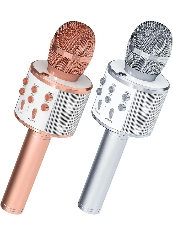 ELTRAZONE 2-Pack Wireless Bluetooth Karaoke Microphones - Portable Handheld Mics with Built-In Speaker (Rose Gold & Silver) - Image 1