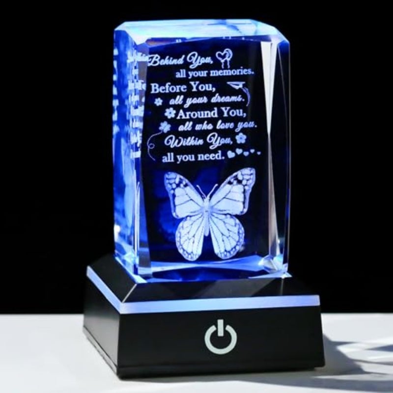 3D Crystal Graduation Quote with Butterfly Desk Decor Sign Positive s for Women Men Behind You All Your Memories Colorful Led Base Home Shelf Decoration Grad Birthday - Image 1