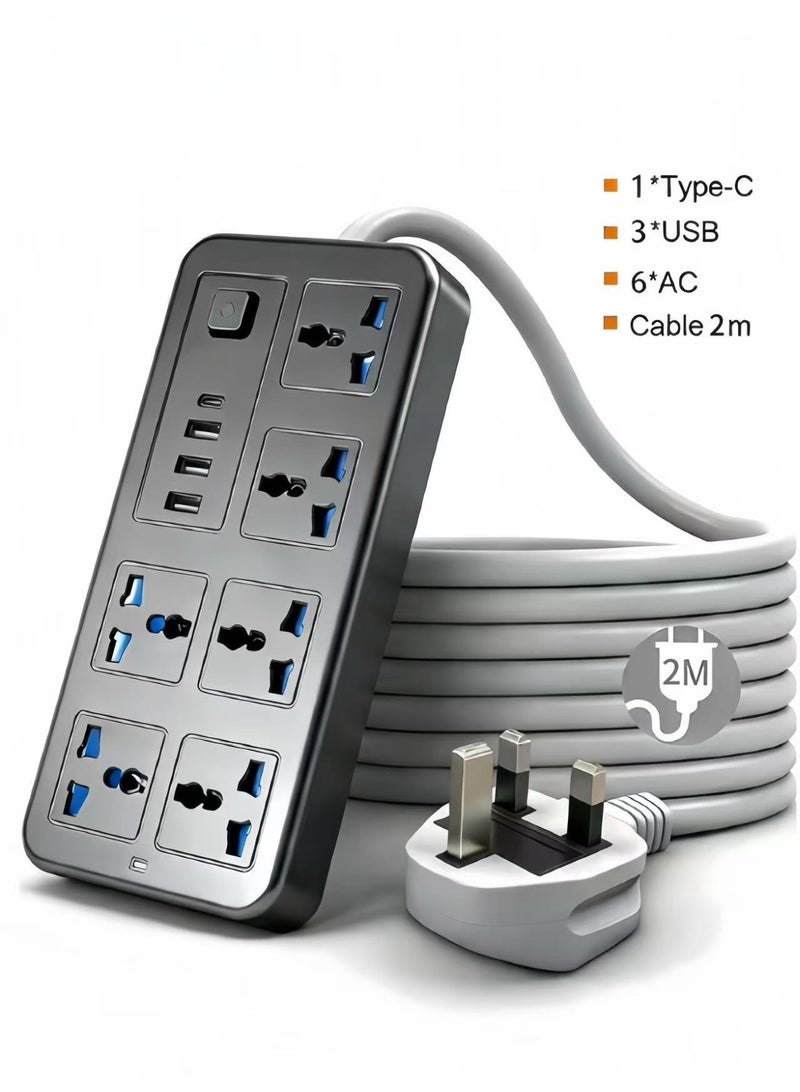 Universal Power Strip Extension Socket with 6 AC Outlets, 3 USB Ports & Type-C Fast Charging, 2M Heavy Duty Cable, Surge Protection Multi Plug Power Extension for Home Office Travel, Black