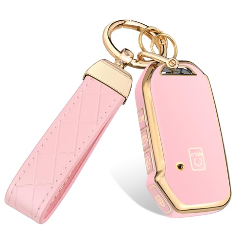 FT FUNTOR for Kia Key Fob Cover,Compatible with Kia Soul Forte Telluride K5 Seltos NIRO Sportage Sorento,5 Buttons TPU for K5 Key Fob Cover with Golden Edge (Pink) - Image 1