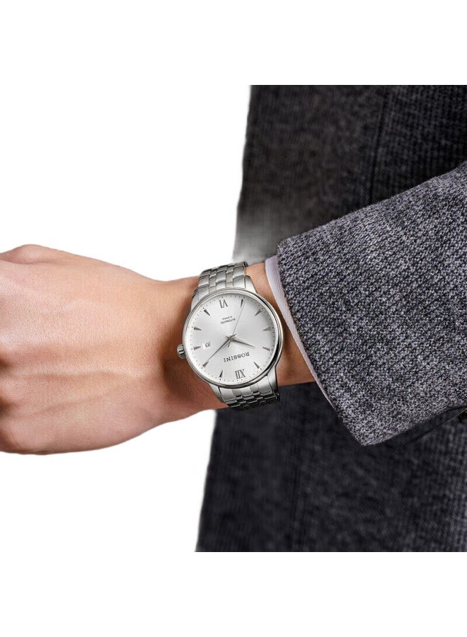 ROSSINI Men'S Automatic Mechanical Watch, New Year Gift, Business Casual Men'S Watch, White Dial, Steel Strap, 517773 - Image 1