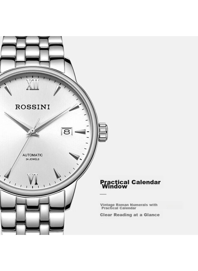 ROSSINI ساعة ميكانيكية أوتوماتيكية للرجال، هدية رأس السنة، ساعة رجال كاجوال للأعمال، قرص أبيض، حزام فولاذي، 517773 - Image 3