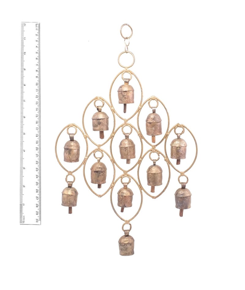 Ethnics of Kutch Ethnics of Kutch Hand Made Metal Bells Wrought Iron CopperZinc Coated Home Dcor Chimes Cow Bell Cluster of Rings 12 Bells 38 cms Length Colour Copper BEL0014 - Image 4