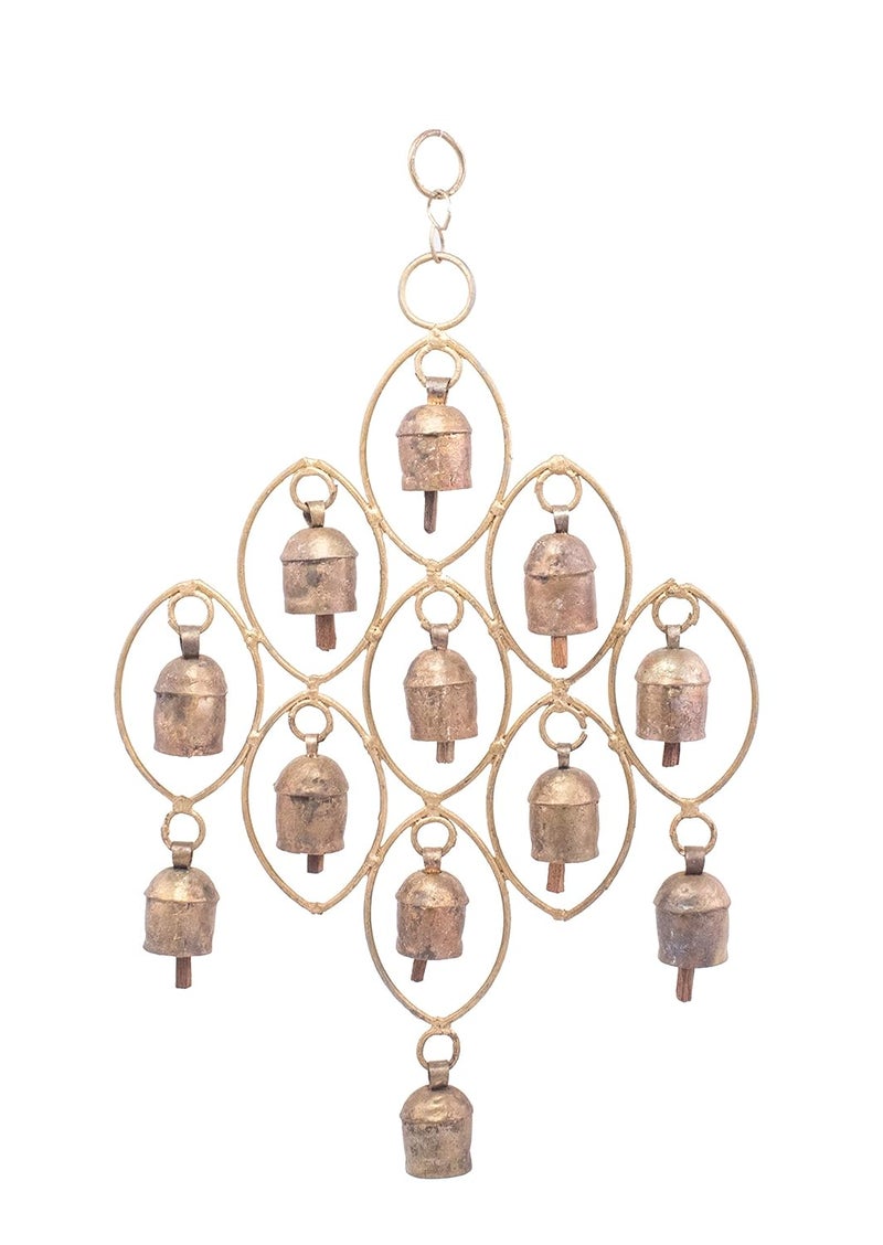 Ethnics of Kutch Ethnics of Kutch Hand Made Metal Bells Wrought Iron CopperZinc Coated Home Dcor Chimes Cow Bell Cluster of Rings 12 Bells 38 cms Length Colour Copper BEL0014 - Image 1