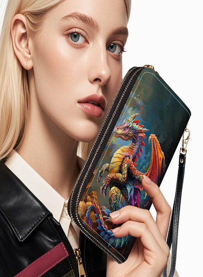 FQTBCEARI Colorful Dragon Print Women Large Capacity Wallet PU Leather Double Zipper Clutch Purse for Smart Phone/Card/Coin/Cash - Image 2