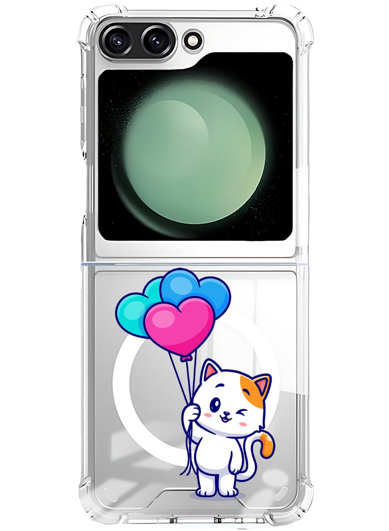 Theodor Magnetic Case for Samsung Galaxy Z Flip 5 Compatible with MagSafe Wireless Charging, Shockproof Phone Bumper Cover Cat holding Baloons - Image 1