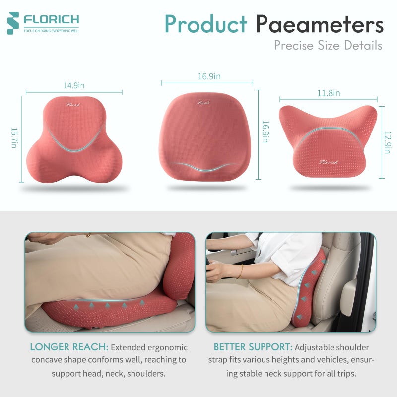 FLORICH Car Seat Cushion and Lumbar Support Pillow for Office Chair Car, Neck Headrest Pillow, Ergonomic Memory Foam, Pressure-Relieving Back Support for Car, Office Chair & Wheelchair â€“ Red - Image 3