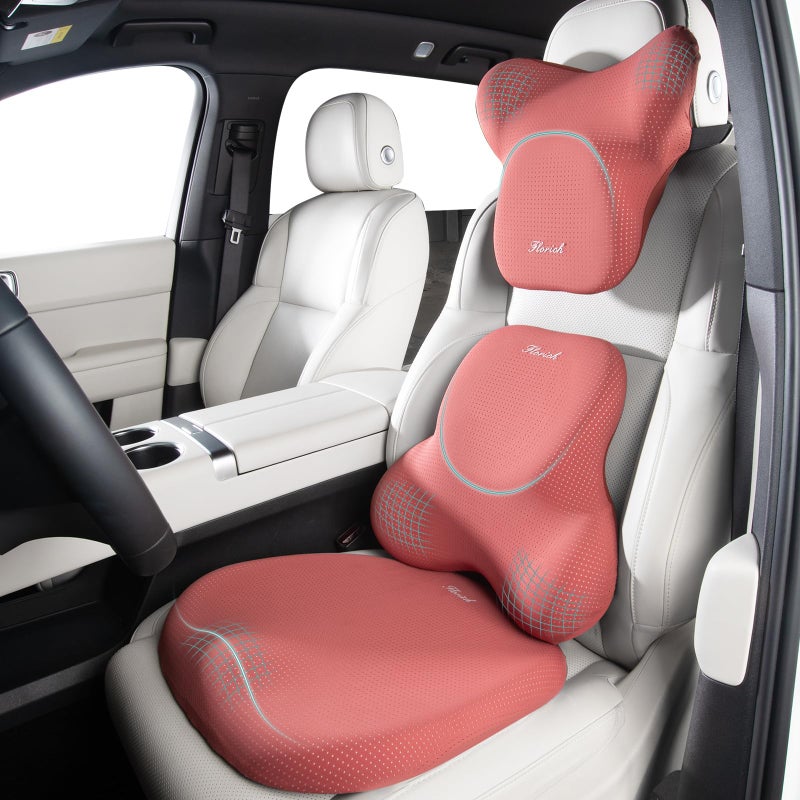 FLORICH Car Seat Cushion and Lumbar Support Pillow for Office Chair Car, Neck Headrest Pillow, Ergonomic Memory Foam, Pressure-Relieving Back Support for Car, Office Chair & Wheelchair â€“ Red - Image 1