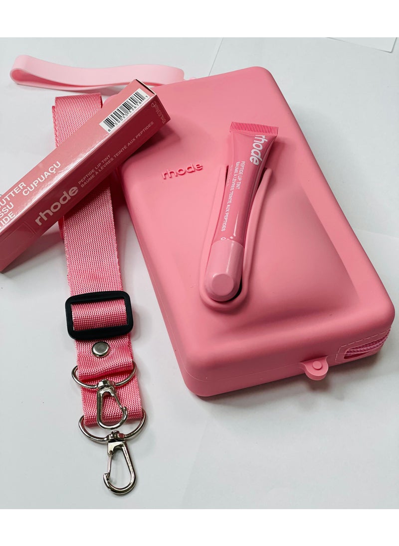rhode - Rhode Pouch Bag with Adjustable Strap and Lip Gloss   – Stylish, Compact, and Perfect for On-the-Go Beauty and Everyday Essential (PINK) - Image 1