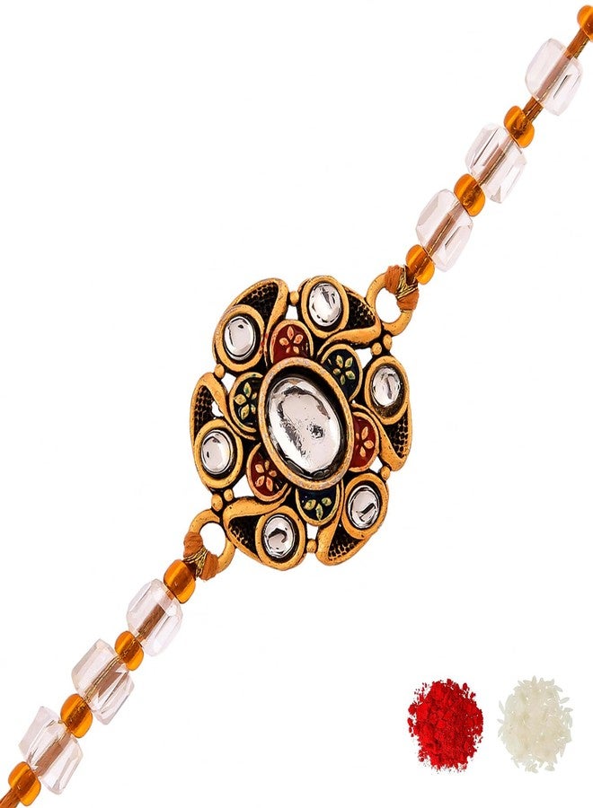 VOYLLA Traditional Motif Beaded Faux Kundan Thread Rakhi For Brother|Pack Of 1|Rakhi Special| - Image 1