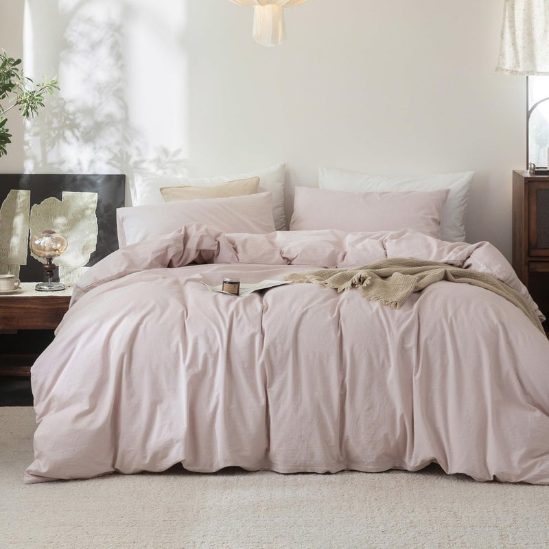 FOSSA Duvet Cover Set 100% Washed Cotton Linen Feel Super Soft Breathable Cozy 3 Pieces Bedding Sets Solid Greyish Pink （King - Image 1