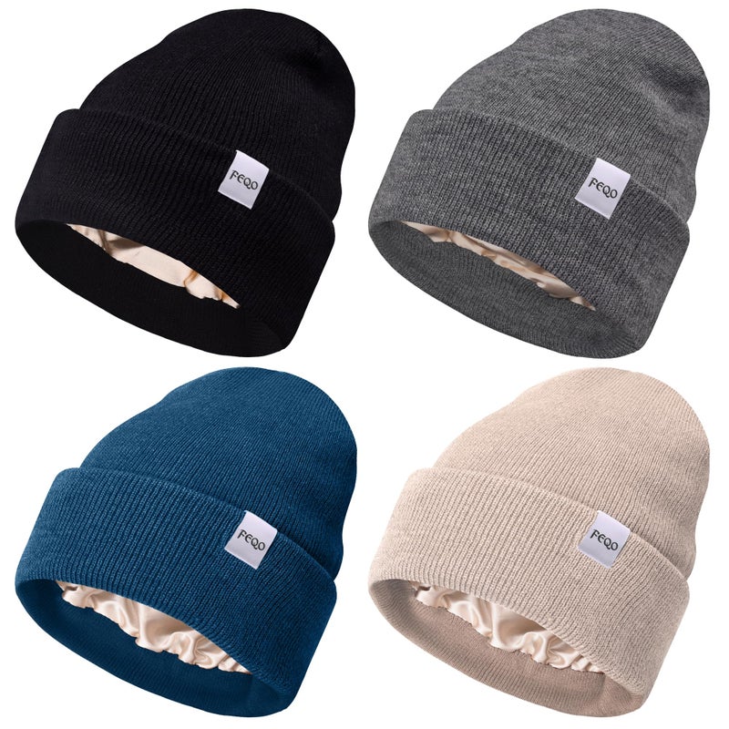 FEQO 4 Pack Satin Lined Beanie Hats Soft Silk Lined Beanies Knit Warm Cuffed Hats for Women Men, Oatmeal, Blue, Dark Gray, Black, One size - Image 1