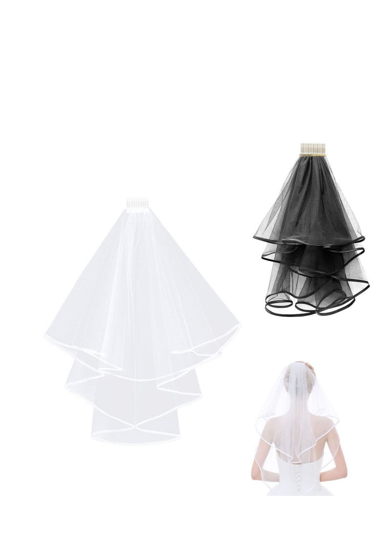 Captaintech 2 Pieces Bridal Veil Wedding Vails, Simple Wedding Bridal Veil with Comb, Lace Veil Black Veil White Veil Shoulder Length Vails Women's Church Veils for Brides Shower Party (Black and White)  - Image 1