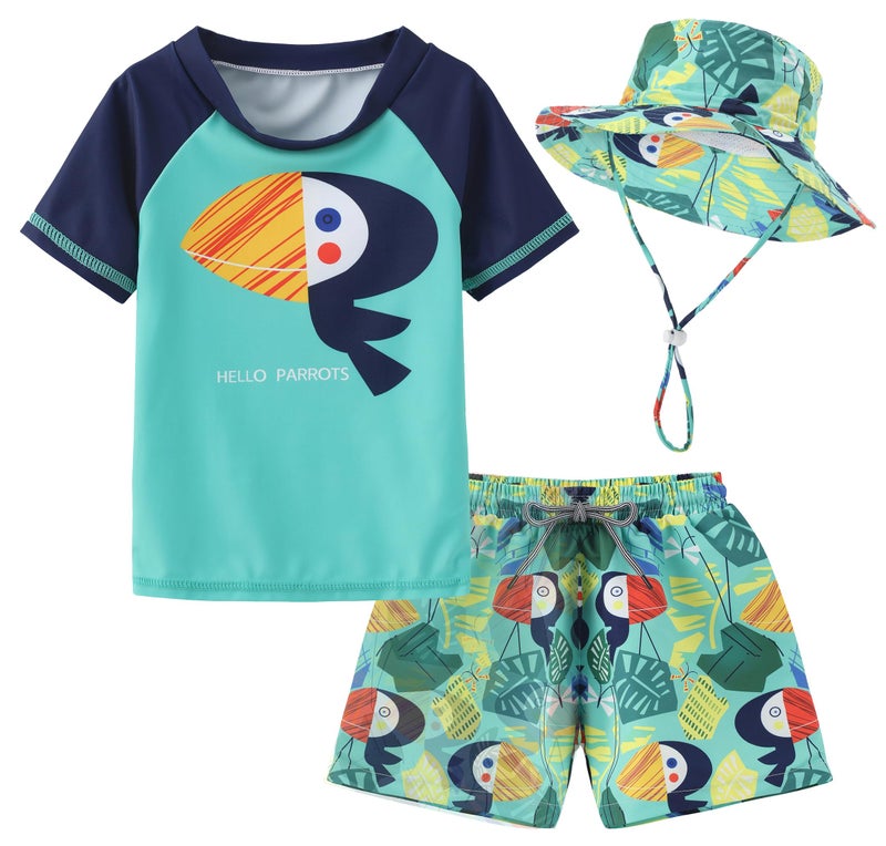 SGMWVB Toddler boys' swimsuit trunk rashguard set with beach sun hat and baby girls' swim bathing suit set pull on shorts Navy Bird 3-6 Months - Image 1