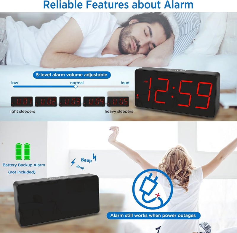 Peakeep Digital Clock, Alarm Clock for Bedrooms with USB Charger Port - Large Big Numbers 5 Brightness for Seniors, Battery Backup, Loud Alarm 5 Volums (Black with Red Digits) - Image 4