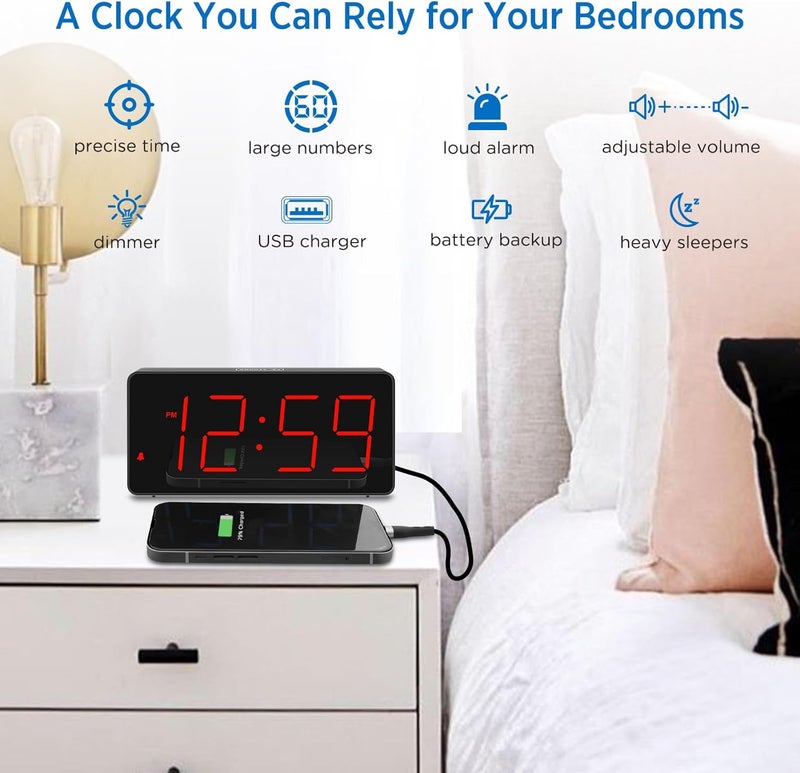 Peakeep Digital Clock, Alarm Clock for Bedrooms with USB Charger Port - Large Big Numbers 5 Brightness for Seniors, Battery Backup, Loud Alarm 5 Volums (Black with Red Digits) - Image 3